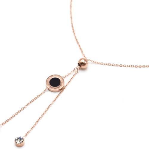 Collier-Fine-Chaine-Acier-Or-Rose-Pendentif-Y-Boule-Cercle-Noir-et-Pierres