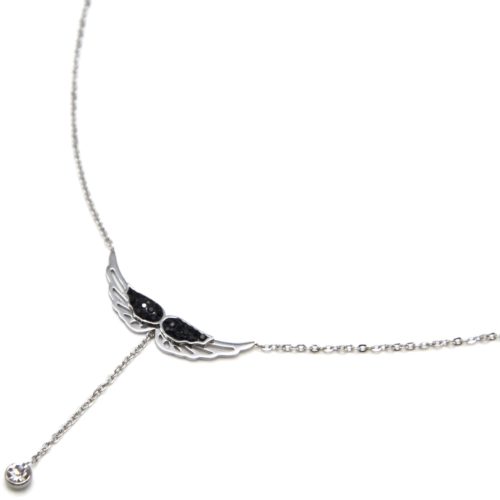 Collier-Fine-Chaine-Acier-Argente-Pendentif-Y-Ailes-d-Ange-Strass-Noir-et-Pierre