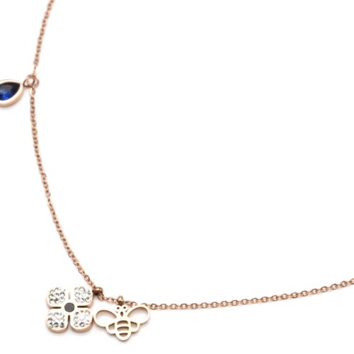 Collier-Fine-Chaine-Acier-Or-Rose-Pendentif-Fleur-Strass-Abeille-et-Pierre-Bleue