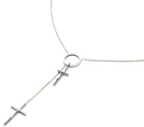 Collier-Fine-Chaine-Acier-Argente-Pendentif-Y-Cercle-et-Double-Croix