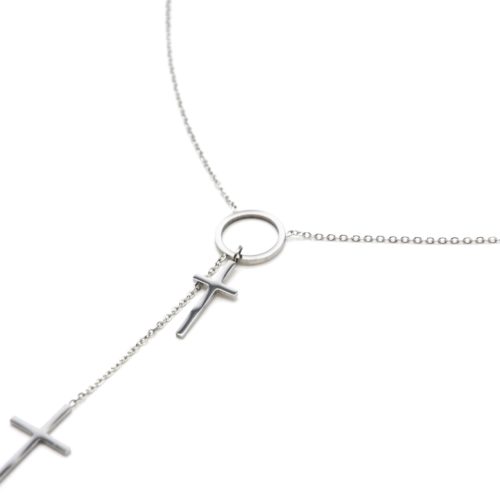 Collier-Fine-Chaine-Acier-Argente-Pendentif-Y-Cercle-et-Double-Croix