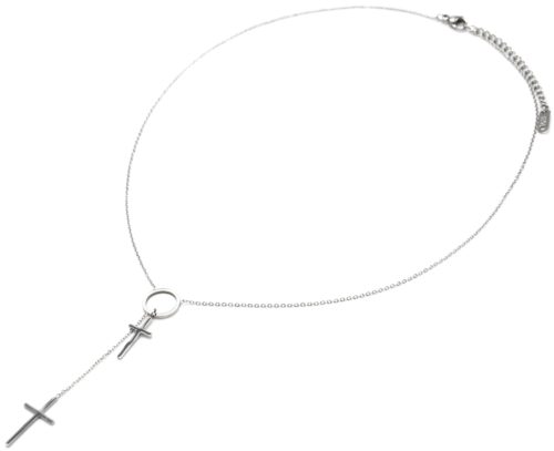 Collier-Fine-Chaine-Acier-Argente-Pendentif-Y-Cercle-et-Double-Croix