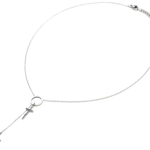 Collier-Fine-Chaine-Acier-Argente-Pendentif-Y-Cercle-et-Double-Croix