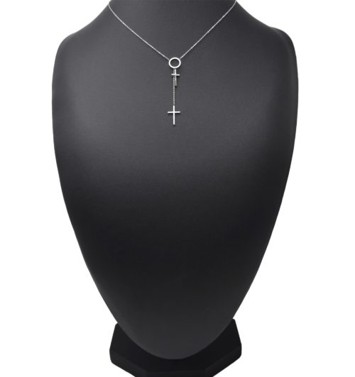 Collier-Fine-Chaine-Acier-Argente-Pendentif-Y-Cercle-et-Double-Croix