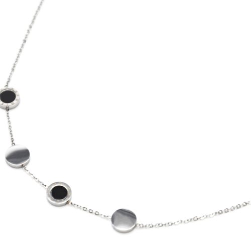 Collier-Fine-Chaine-Charms-Cercles-Noirs-Chiffres-Romains-et-Acier-Argente