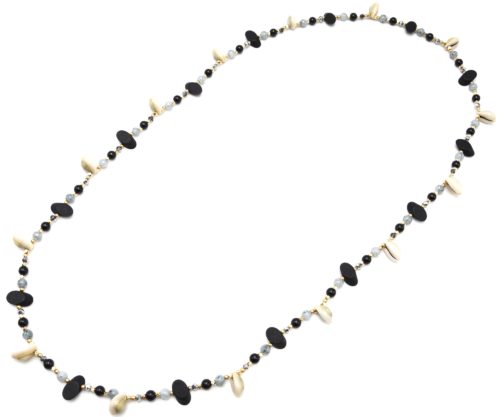 Sautoir-Collier-Perles-Verre-et-Ovales-Bois-Noir-avec-Multi-Cauris