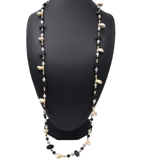 Sautoir-Collier-Perles-Verre-et-Ovales-Bois-Noir-avec-Multi-Cauris