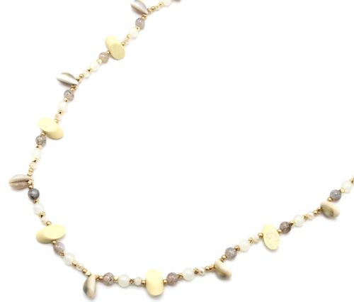 Sautoir-Collier-Perles-Verre-et-Ovales-Bois-Beige-avec-Multi-Cauris