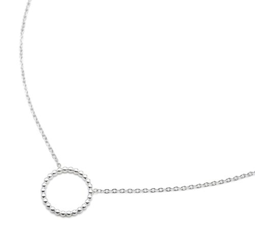 Collier-Fine-Chaine-Pendentif-Cercle-Contour-Billes-Acier-Argente