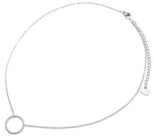 Collier-Fine-Chaine-Pendentif-Cercle-Contour-Billes-Acier-Argente