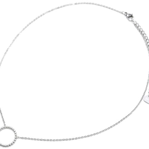 Collier-Fine-Chaine-Pendentif-Cercle-Contour-Billes-Acier-Argente