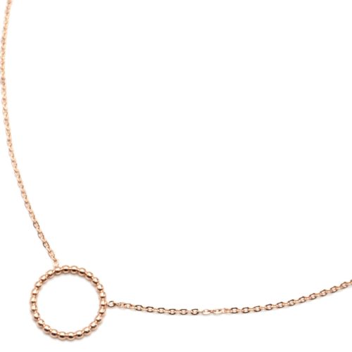 Collier-Fine-Chaine-Pendentif-Cercle-Contour-Billes-Acier-Or-Rose