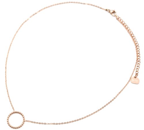 Collier-Fine-Chaine-Pendentif-Cercle-Contour-Billes-Acier-Or-Rose