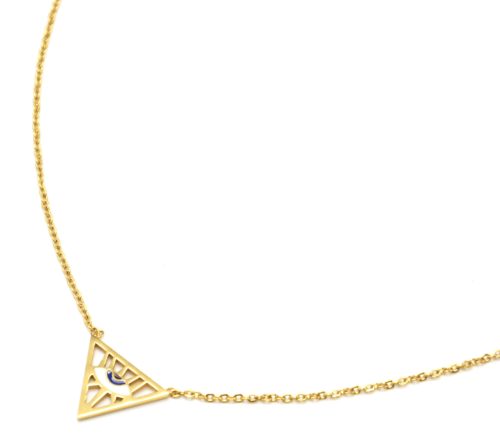 Collier-Fine-Chaine-Acier-Dore-Pendentif-Triangle-Inverse-Motif-Oeil