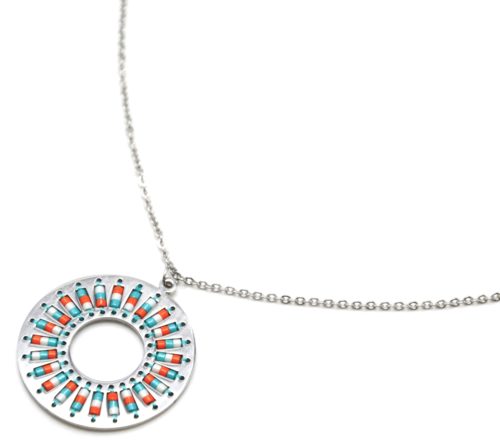 Collier-Fine-Chaine-Acier-Argente-Pendentif-Cercle-Motif-Soleil-Perles-Rocaille-Turquoise