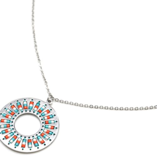 Collier-Fine-Chaine-Acier-Argente-Pendentif-Cercle-Motif-Soleil-Perles-Rocaille-Turquoise