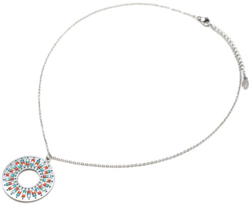 Collier-Fine-Chaine-Acier-Argente-Pendentif-Cercle-Motif-Soleil-Perles-Rocaille-Turquoise