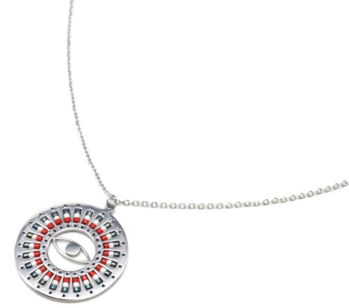 Collier-Fine-Chaine-Acier-Argente-Pendentif-Cercle-Oeil-Motif-Soleil-Perles-Rocaille-Rouge