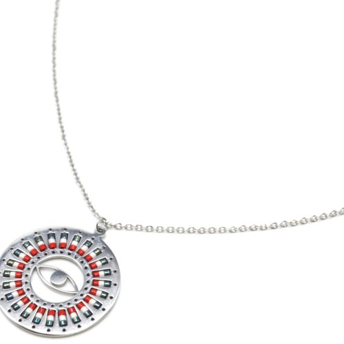 Collier-Fine-Chaine-Acier-Argente-Pendentif-Cercle-Oeil-Motif-Soleil-Perles-Rocaille-Rouge