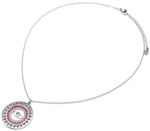 Collier-Fine-Chaine-Acier-Argente-Pendentif-Cercle-Oeil-Motif-Soleil-Perles-Rocaille-Rouge