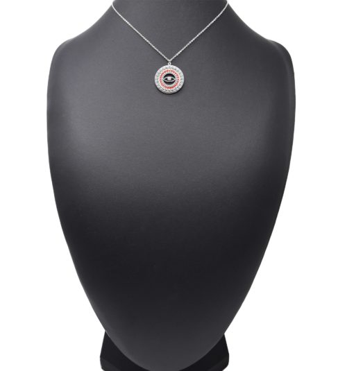 Collier-Fine-Chaine-Acier-Argente-Pendentif-Cercle-Oeil-Motif-Soleil-Perles-Rocaille-Rouge