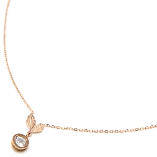 Collier-Fine-Chaine-Acier-Or-Rose-Pendentif-Feuilles-et-Pierre-Ronde-Zirconium