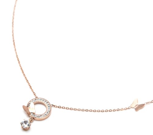 Collier-Fine-Chaine-Acier-Or-Rose-Pendentif-Cercle-Strass-Papillons-et-Pierre-Ronde