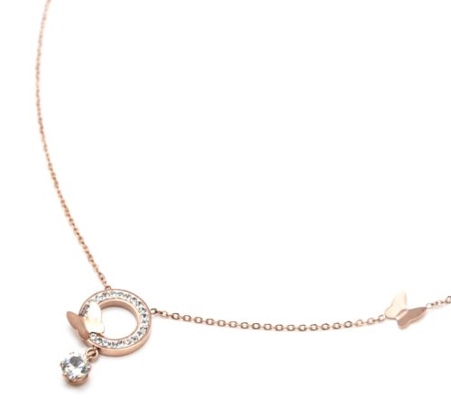 Collier-Fine-Chaine-Acier-Or-Rose-Pendentif-Cercle-Strass-Papillons-et-Pierre-Ronde