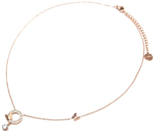 Collier-Fine-Chaine-Acier-Or-Rose-Pendentif-Cercle-Strass-Papillons-et-Pierre-Ronde