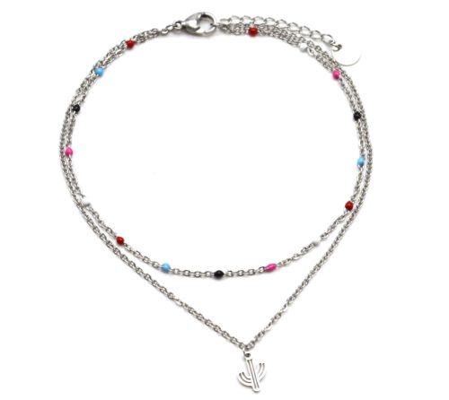 Double-Chaine-Cheville-Acier-Argente-et-Mini-Perles-Multicolore-avec-Charm-Cactus