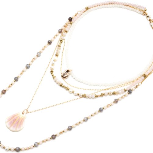 Sautoir-Collier-Multi-Rangs-Perles-Verre-Eau-Douce-et-Pierres-Rose-Pale-avec-Coquillage-et-Cauri