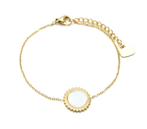 Bracelet-Fine-Chaine-avec-Soleil-Acier-Dore-et-Nacre-Blanc