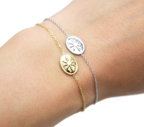 Bracelet-Fine-Chaine-avec-Ovale-Motif-Relief-Etoile-Polaire-Acier