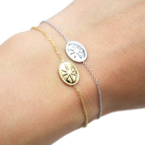 Bracelet-Fine-Chaine-avec-Ovale-Motif-Relief-Etoile-Polaire-Acier