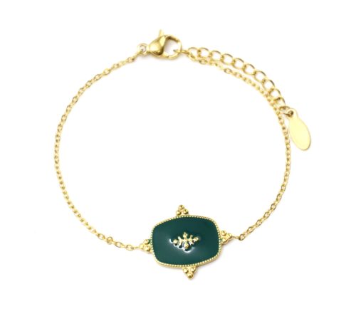 Bracelet-Fine-Chaine-avec-Medaille-Email-Vert-Sapin-Motif-Baroque-et-Acier-Dore