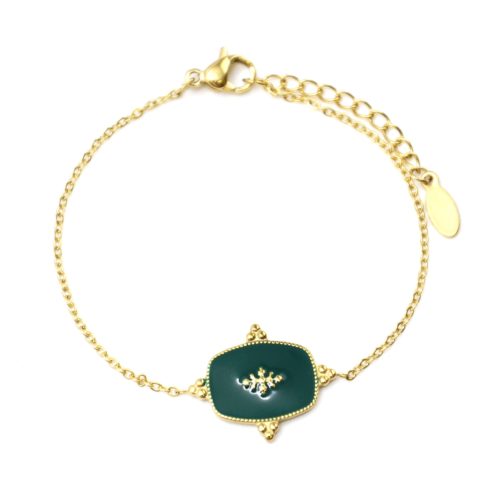 Bracelet-Fine-Chaine-avec-Medaille-Email-Vert-Sapin-Motif-Baroque-et-Acier-Dore