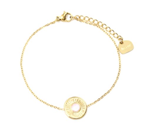 Bracelet-Fine-Chaine-avec-Cercle-Grave-Soleil-Acier-Dore-et-Pierre-Rose-Pale