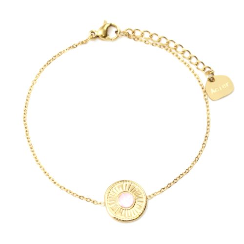 Bracelet-Fine-Chaine-avec-Cercle-Grave-Soleil-Acier-Dore-et-Pierre-Rose-Pale