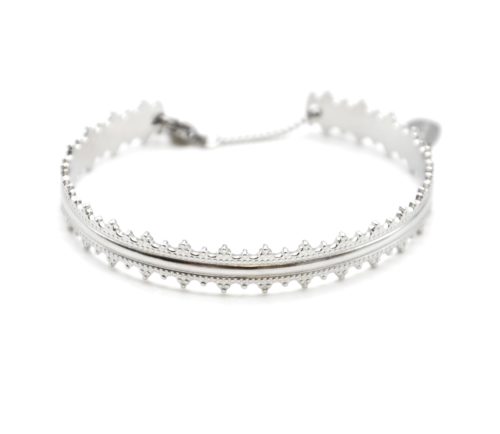 Bracelet-Jonc-Acier-Argente-avec-Contour-Pointes-et-Chainette-Fermoir