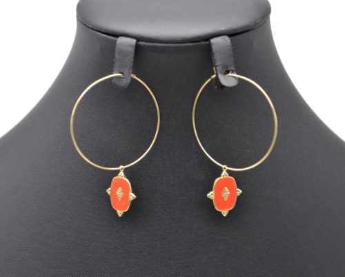 Boucles-dOreilles-Creoles-Acier-Dore-avec-Medaille-Email-Orange-Motif-Baroque