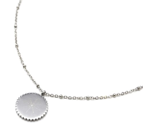 Collier-Chaine-Boules-Pendentif-Cercle-Grave-Etoile-Polaire-Contour-Ondule-Acier-Argente