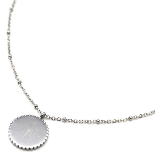 Collier-Chaine-Boules-Pendentif-Cercle-Grave-Etoile-Polaire-Contour-Ondule-Acier-Argente