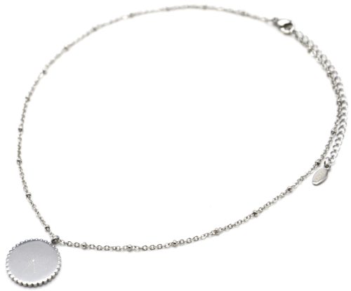 Collier-Chaine-Boules-Pendentif-Cercle-Grave-Etoile-Polaire-Contour-Ondule-Acier-Argente