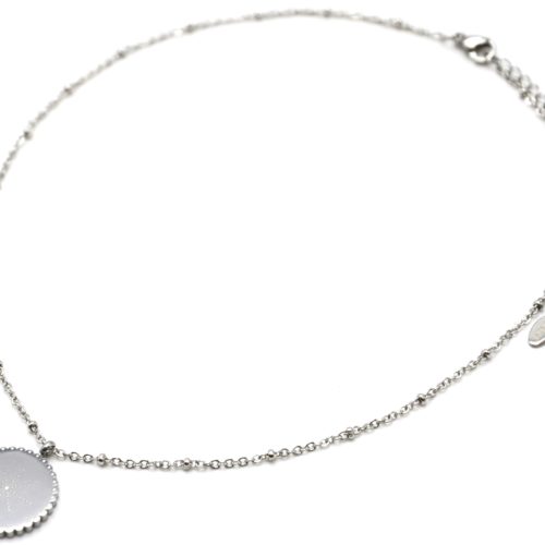 Collier-Chaine-Boules-Pendentif-Cercle-Grave-Etoile-Polaire-Contour-Ondule-Acier-Argente