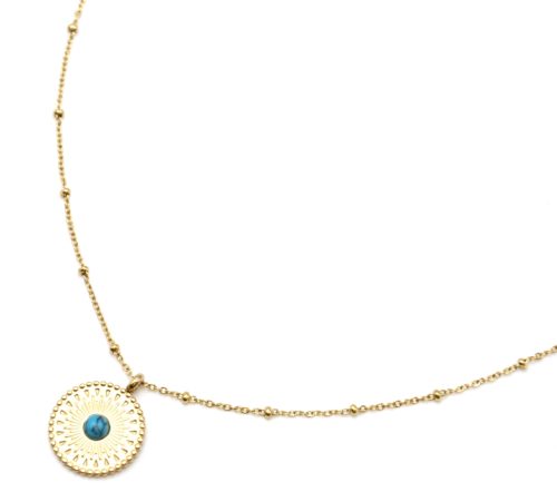 Collier-Chaine-Boules-Pendentif-Cercle-Grave-Ethnique-Acier-Dore-et-Pierre-Marbre-Turquoise
