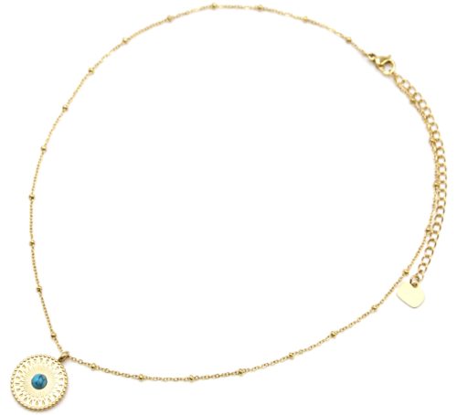 Collier-Chaine-Boules-Pendentif-Cercle-Grave-Ethnique-Acier-Dore-et-Pierre-Marbre-Turquoise