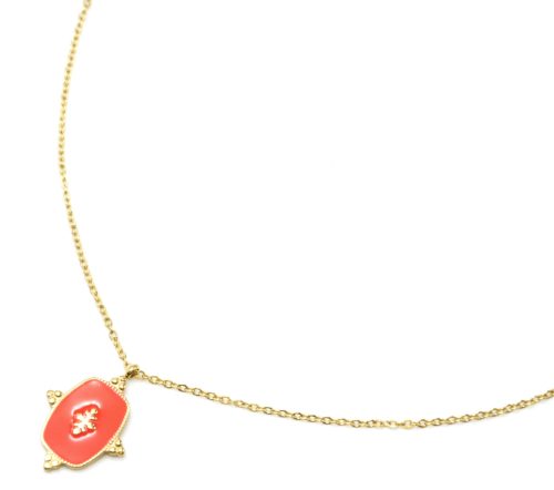 Collier-Fine-Chaine-avec-Medaille-Email-Orange-Motif-Baroque-et-Acier-Dore