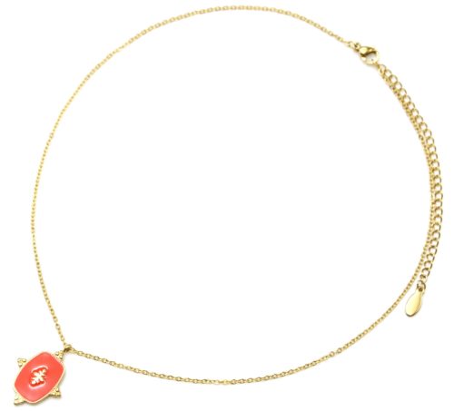 Collier-Fine-Chaine-avec-Medaille-Email-Orange-Motif-Baroque-et-Acier-Dore