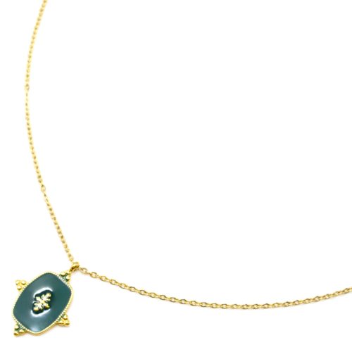 Collier-Fine-Chaine-avec-Medaille-Email-Vert-Sapin-Motif-Baroque-et-Acier-Dore