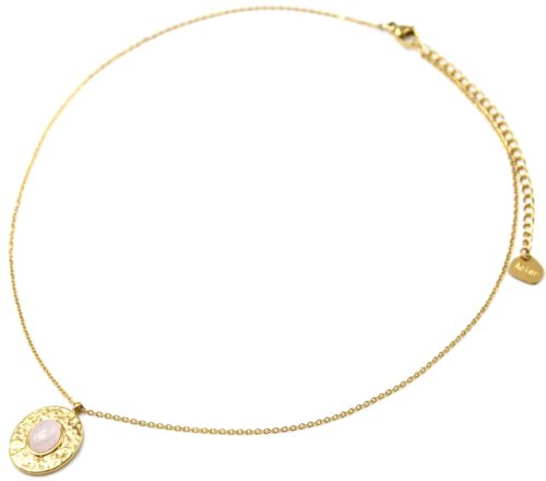 Collier-Fine-Chaine-avec-Ovale-Martele-Acier-Dore-et-Pierre-Rose-Pale